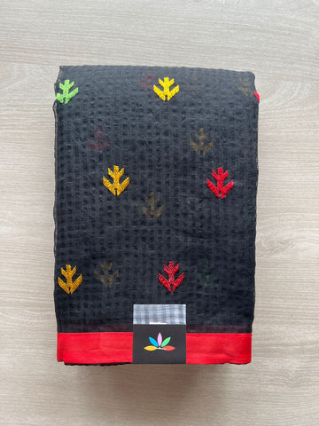Black Leaf Motifs Embroidered Applique Work Kota Checks Saree (Without blouse)-29406