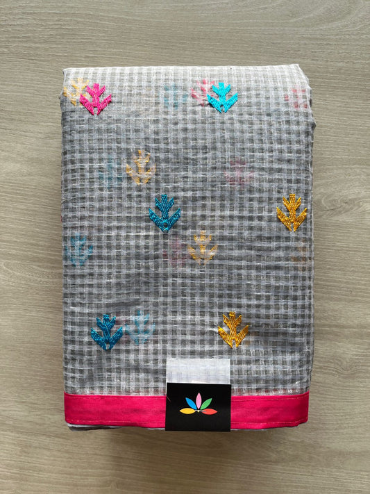 Deep Silver Shade Embroidered Applique Work Kota Checks Saree (Without blouse)-29408