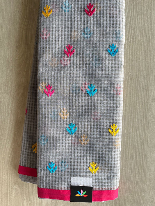 Deep Silver Shade Embroidered Applique Work Kota Checks Saree (Without blouse)-29408