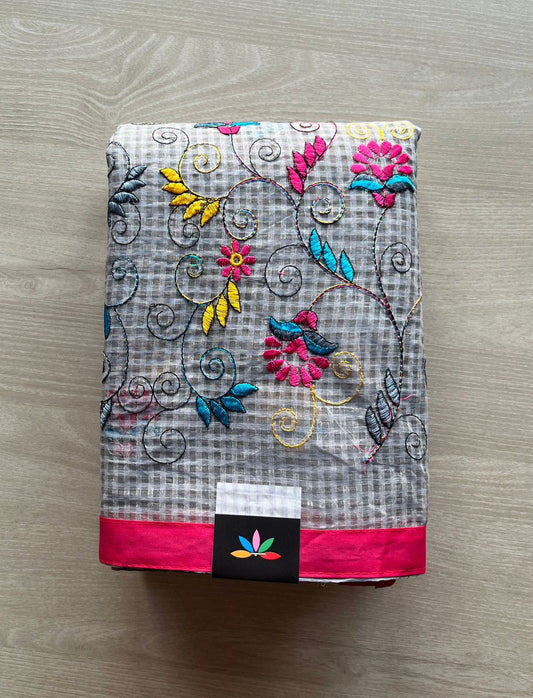 Embroidered Applique Work Kota Checks Saree (Without blouse)-29415