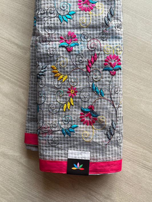 Embroidered Applique Work Kota Checks Saree (Without blouse)-29415