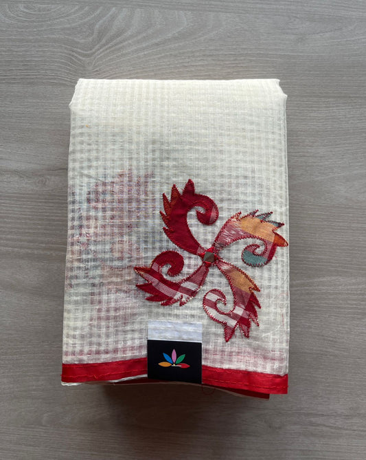 White & Red Applique Work Kota Checks Saree (Without blouse)-29420