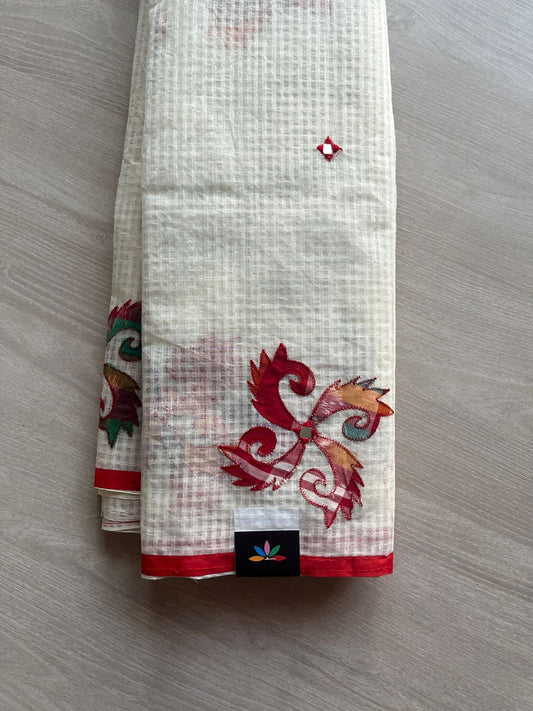 White & Red Applique Work Kota Checks Saree (Without blouse)-29420