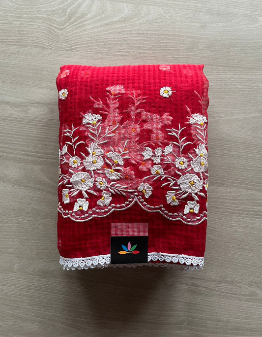 Floral Embroidery Kota Checks Saree (Without blouse)-29424