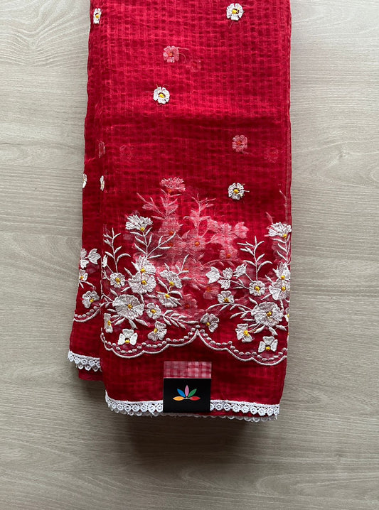 Floral Embroidery Kota Checks Saree (Without blouse)-29424