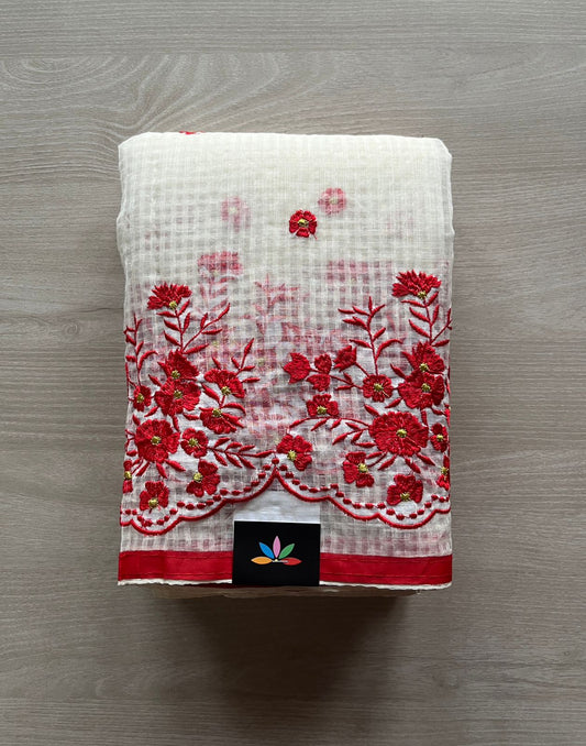 Floral Embroidery Kota Checks Saree (Without blouse)-29425