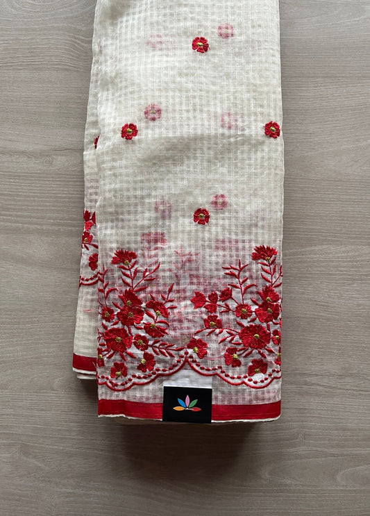 Floral Embroidery Kota Checks Saree (Without blouse)-29425