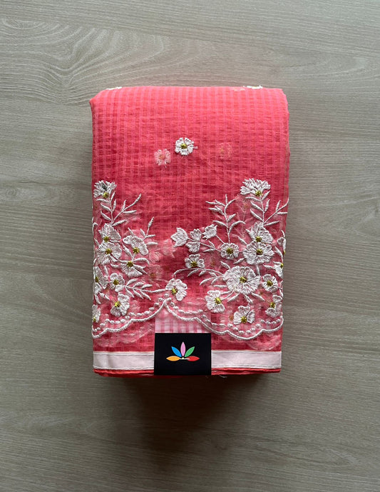 Floral Embroidery Kota Checks Saree (Without blouse)-29426