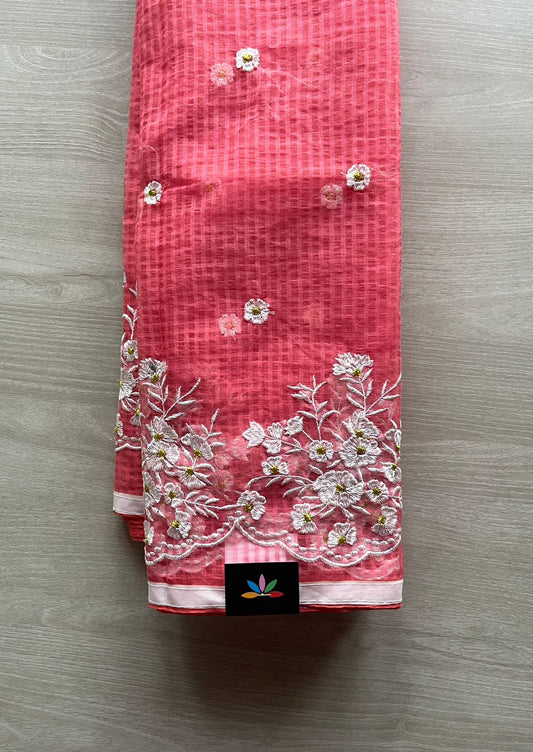 Floral Embroidery Kota Checks Saree (Without blouse)-29426