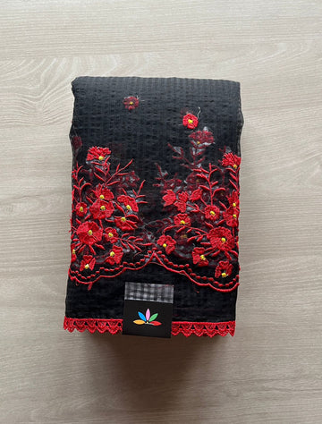 Black & Red Floral Embroidery Kota Checks Saree (Without blouse)-29427