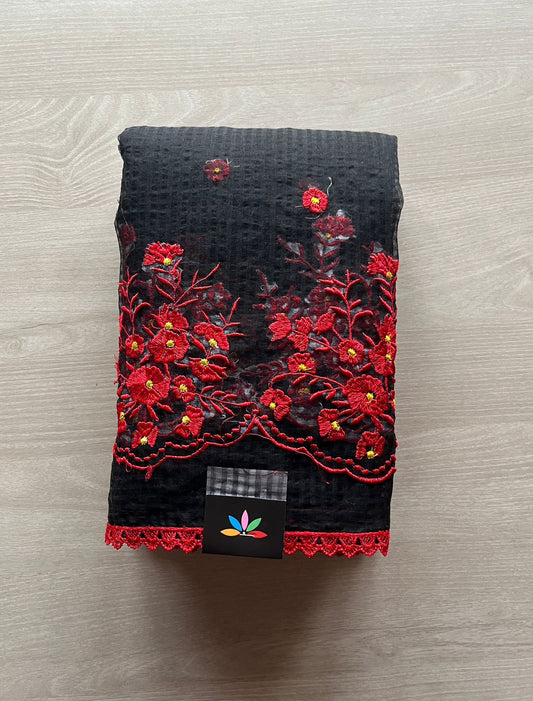 Floral Embroidery Kota Checks Saree (Without blouse)-29427