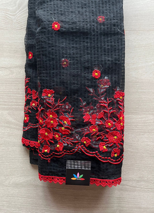 Floral Embroidery Kota Checks Saree (Without blouse)-29427