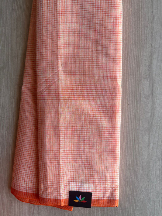 Soft Coral Orange Small Checked Cotton Starched Saree (Without blouse)- 36389-36391