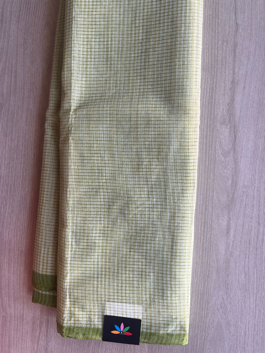 White & Olive Green Small Checked Cotton Starched Saree (Without blouse)- 36386-36388