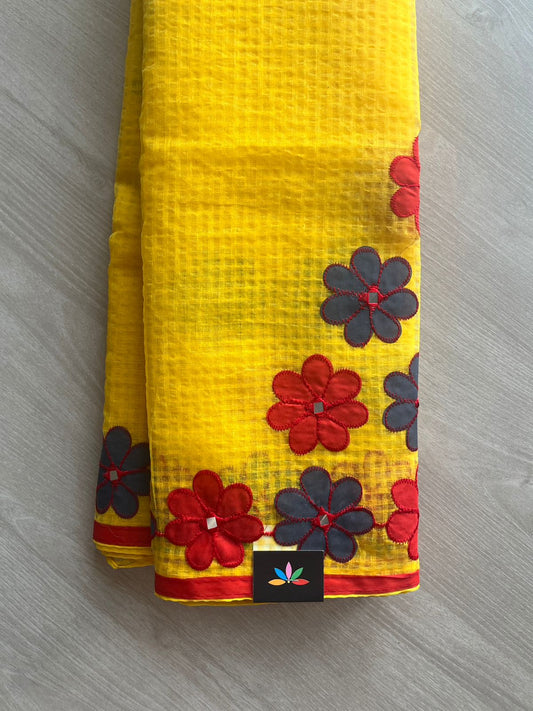 Bright Yellow Floral Applique Work Kota Checks Saree (Without blouse)-29613