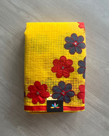 Bright Yellow Floral Applique Work Kota Checks Saree (Without blouse)-29613