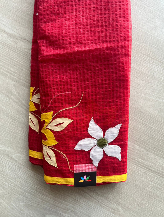 Stylized Floral Applique Work Kota Checks Saree (Without blouse)-29655
