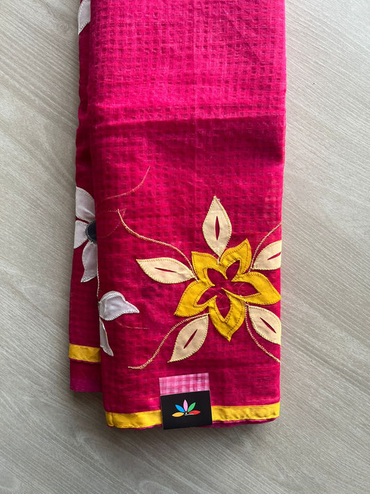 Stylized Floral Applique Work Kota Checks Saree (Without blouse)-29662