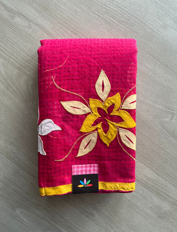 Stylized Floral Applique Work Kota Checks Saree (Without blouse)-29662