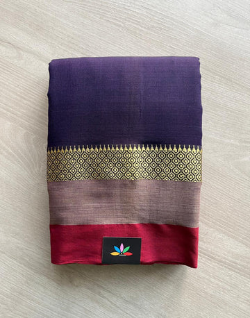 Deep Purple & Multi Colour (Golden/red) Border Narayanpet Mercerized Cotton Saree -29827