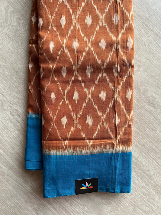 Rust Brown with Peacock Blue Border Handwoven & Pochampally Ikkat Cotton Saree -29837