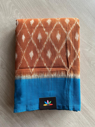 Rust Brown with Peacock Blue Border Handwoven & Pochampally Ikkat Cotton Saree -29837