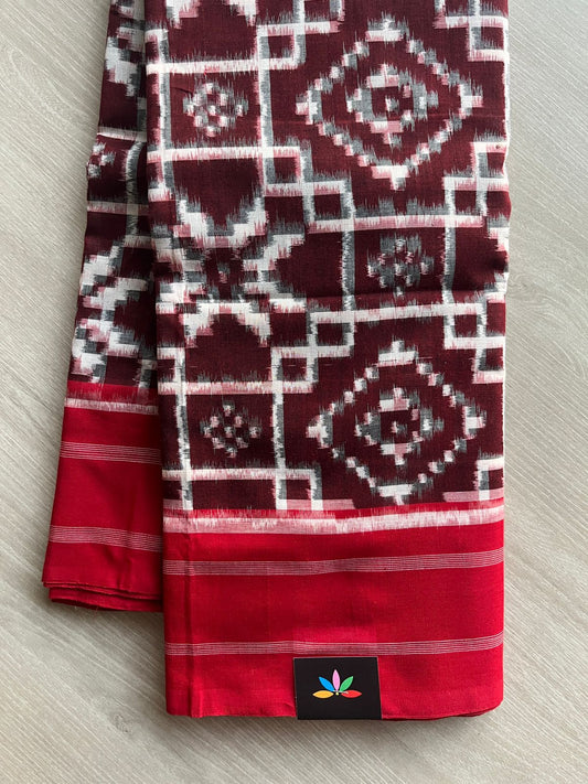 Dark Maroon Handwoven Telia Rumal ikkat Cotton Saree -29844