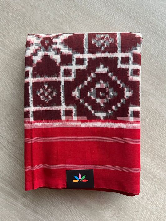 Dark Maroon Handwoven Telia Rumal ikkat Cotton Saree -29844