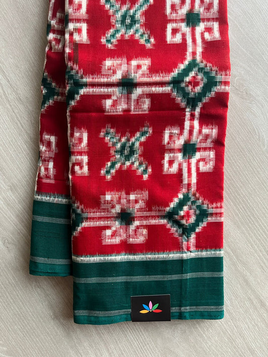 Red with Green Border Handwoven Telia Rumal ikkat Cotton Saree -29845