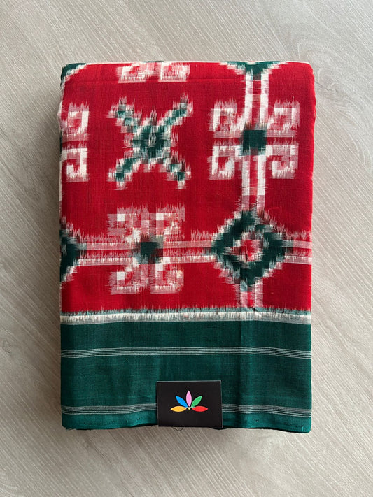 Red with Green Border Handwoven Telia Rumal ikkat Cotton Saree -29845