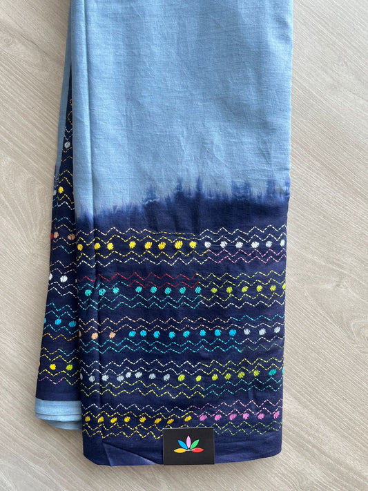 Steel Blue & Penn Blue Hand Embroidered Kantha Stitch Dyed Cotton Saree -29917