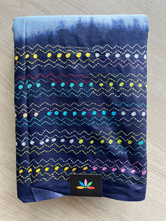 Steel Blue & Penn Blue Hand Embroidered Kantha Stitch Dyed Cotton Saree -29917