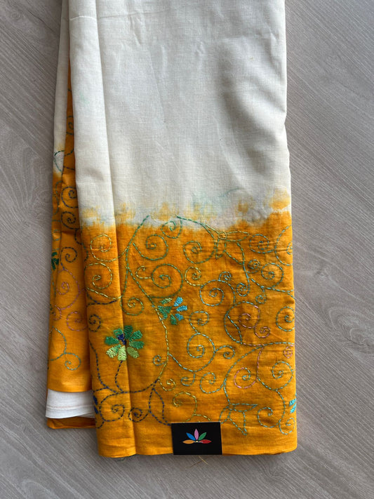 White & Orange Peel Shade Hand Embroidered Kantha Stitch Dyed Cotton Saree -29918