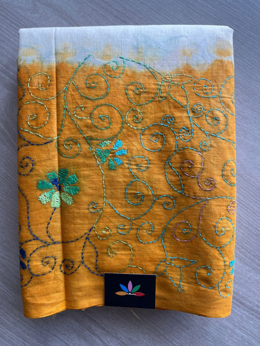 White & Orange Peel Shade Hand Embroidered Kantha Stitch Dyed Cotton Saree -29918