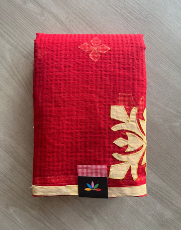 Bright Red Stylized Flower Applique Work Kota Checks Saree (Without blouse)-29559
