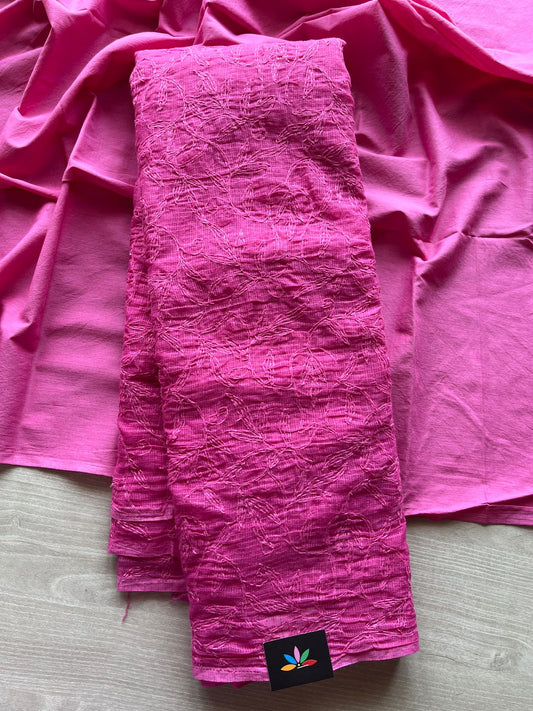 Vibrant Pink Hand Embroidered Tepchi Chikankari Kota Cotton Saree -29975