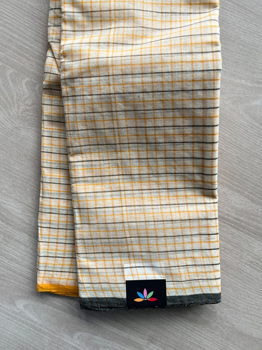 White & Olive Green Checked Handloom Starched Cotton Saree (Without blouse) -36338-36339