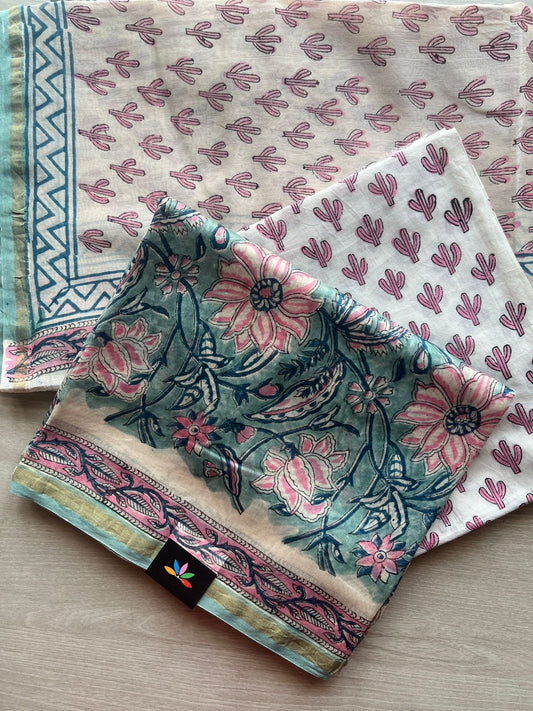 Hand Block Printed Chanderi Cotton Silk 3 Piece Set- 29105