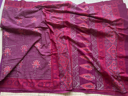 Deep Mulberry Purple Handblock Printed Mul Cotton Saree- 30016-30017