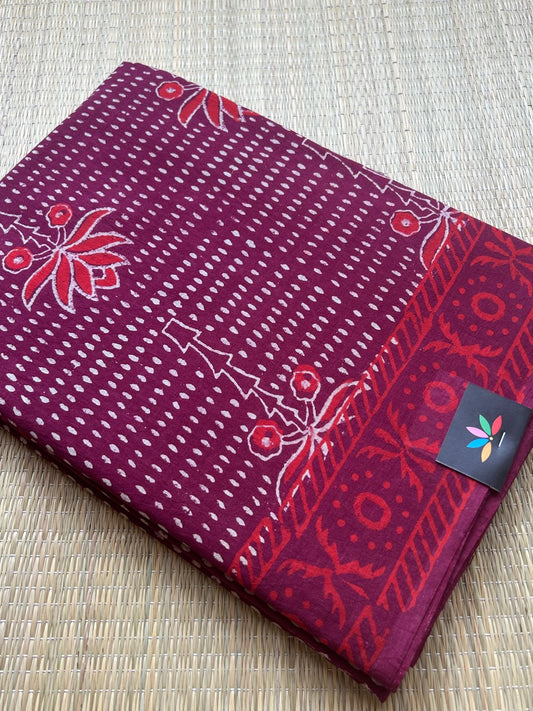 Deep Mulberry Purple Handblock Printed Mul Cotton Saree- 30016-30017