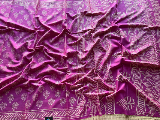 Deep Magenta Handblock Printed Mul Cotton Saree- 30042-30043