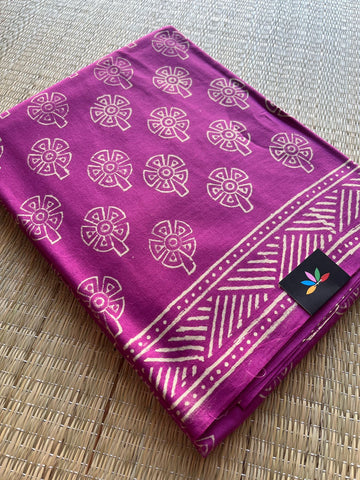 Deep Magenta Handblock Printed Mul Cotton Saree- 30042-30043
