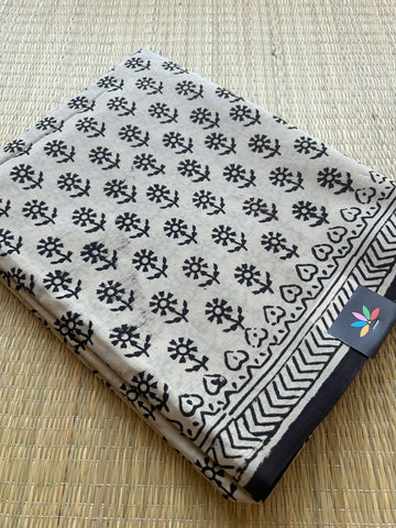 Light Beige Handblock Printed Mul Cotton Saree- 30046-30047