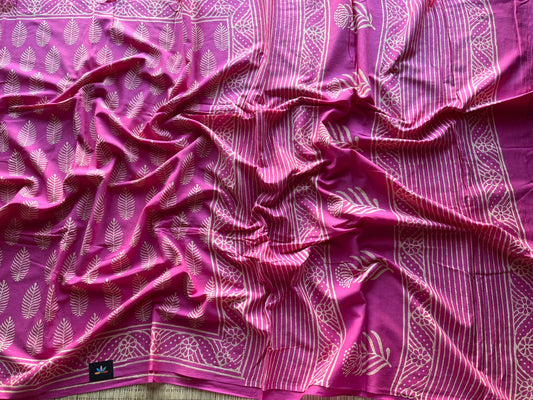 Magenta Pink Handblock Printed Mul Cotton Saree- 30058-30059