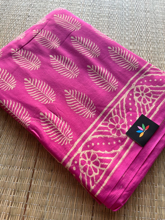 Magenta Pink Handblock Printed Mul Cotton Saree- 30058-30059