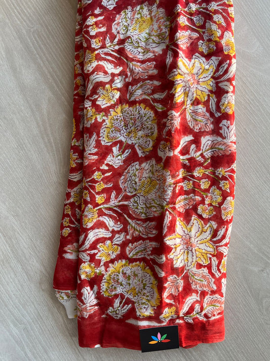 Red Oxide Handblock Printed Georgette Saree - 31998_31999
