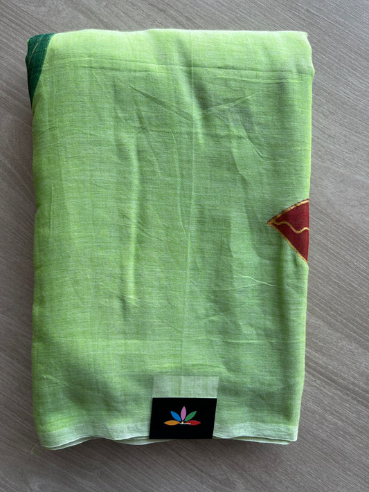 Pastel Green Hand Brush Printed Feather Light Mul Cotton Saree - MCRH30193