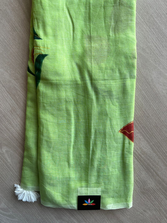Pastel Green Hand Brush Printed Feather Light Mul Cotton Saree - MCRH30193