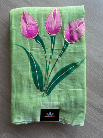Pastel Green Hand Brush Printed Feather Light Mul Cotton Saree - MCRH30195