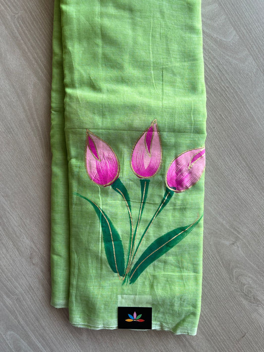 Pastel Green Hand Brush Printed Feather Light Mul Cotton Saree - MCRH30195